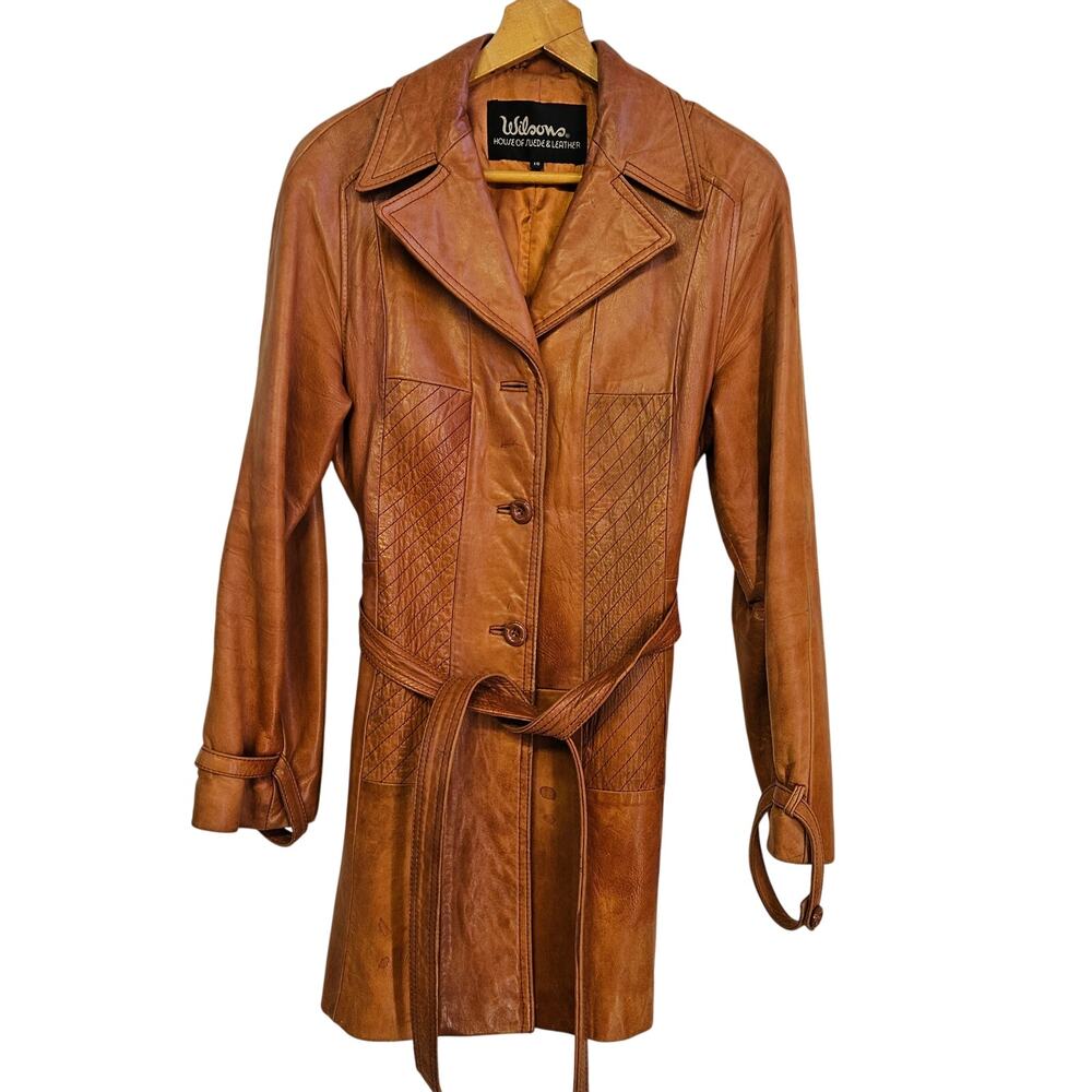 Wilson's Camel‎ Brown Leather Jacket Size 16 Women's Belted Button Front READ